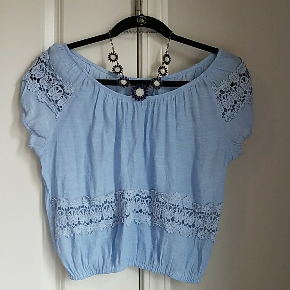 Light Blue Crochet Cutout Crop Top